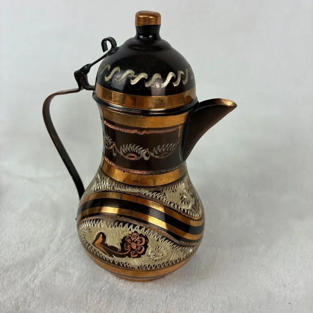 VTG Turkish Dallah Etched Copper Floral Black 2 Pc Set - Coffee Tea Pot Ornate